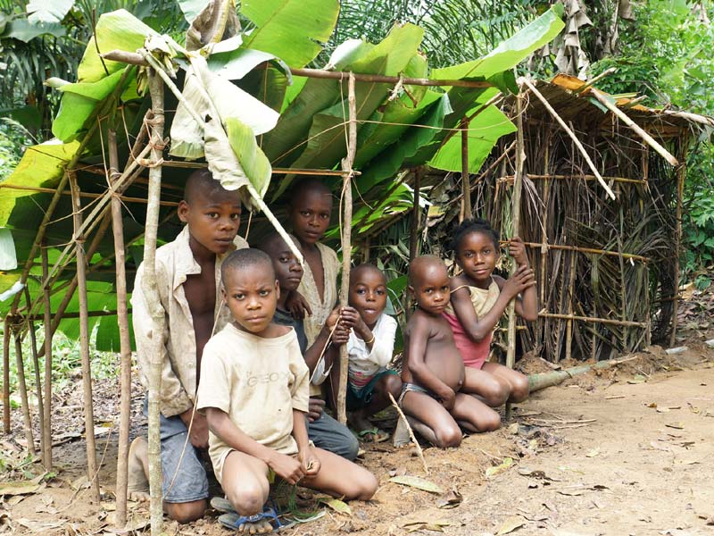 Enfants pygmées Bagyeli dans leur campement en forêt