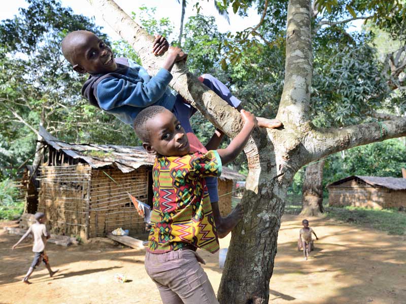 Enfants Pygmées Bagyeli jouant dans leur campement en forêt
