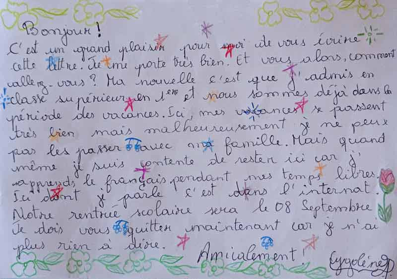 Lettre d'une orpheline de Madagascar à ses parrain et marraine.