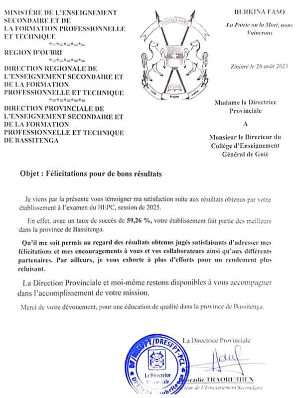 Lettre de félicitation de la Directrice Provinciale de l'Enseignement Secondaire du Burkina Faso au Directeur du collège de Guiè