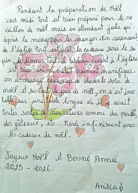 Lettre de Noël à ses parrains d'une orpheline de Majunga à Madagascar