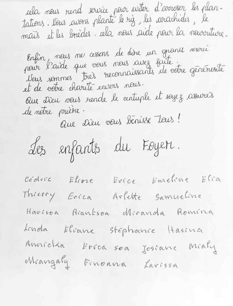 Lettre des orphelins du Foyer Jean-Paul II à Tananarive