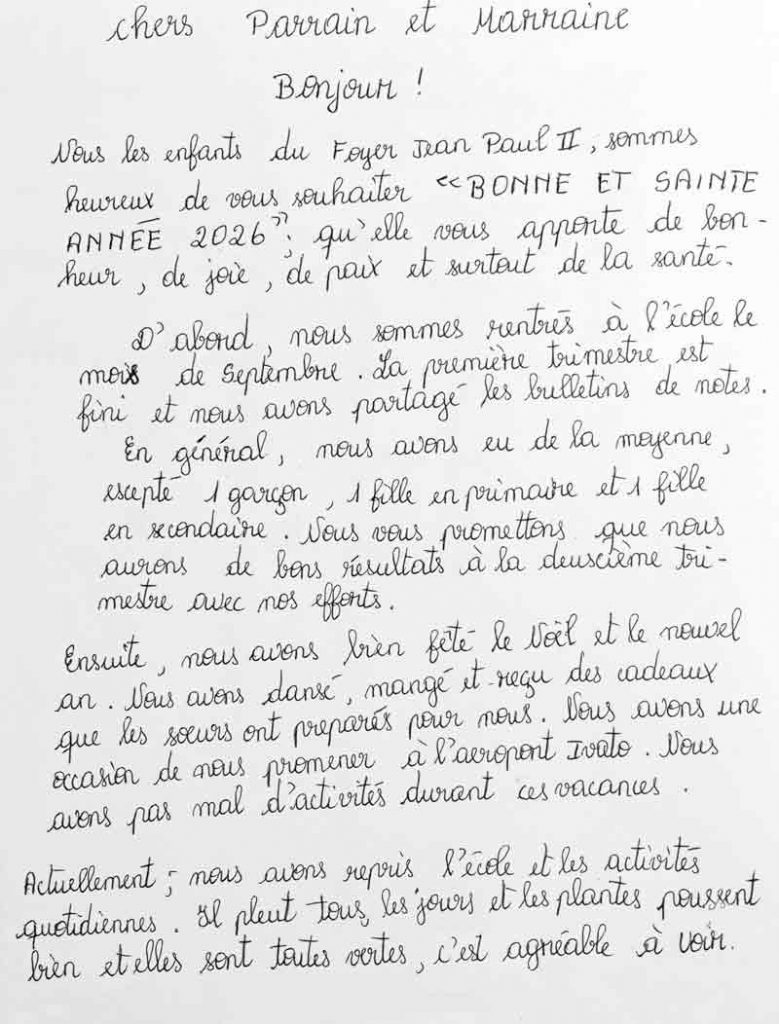 Lettre des orphelins du Foyer Jean-Paul II à Tananarive