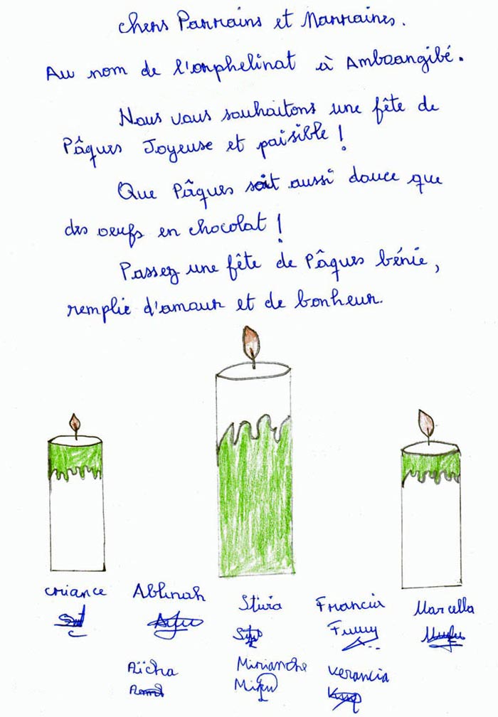 Lettre de Pâques des orphelines d'Amboangibé à Madagascar